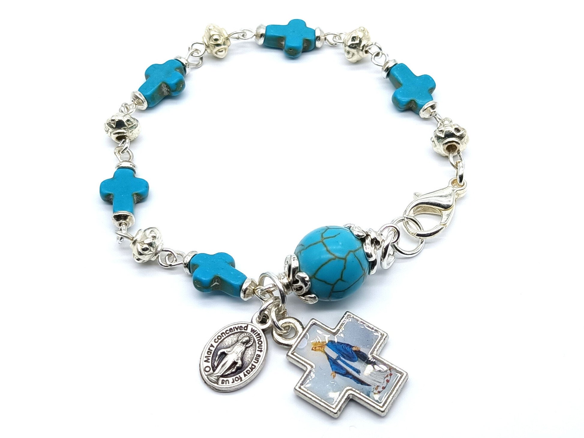 Our Lady of Grace unique rosary beads single decade bracelet with turquoise gemstone beads, silver medals and lobster clasp.