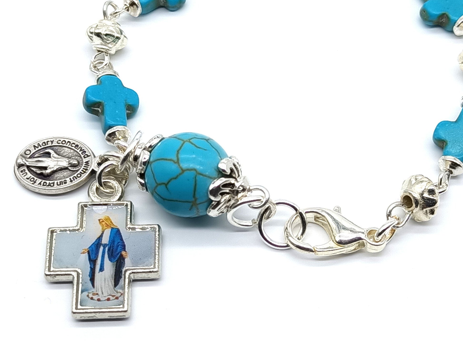 Our Lady of Grace unique rosary beads single decade bracelet with turquoise gemstone beads, silver medals and lobster clasp.