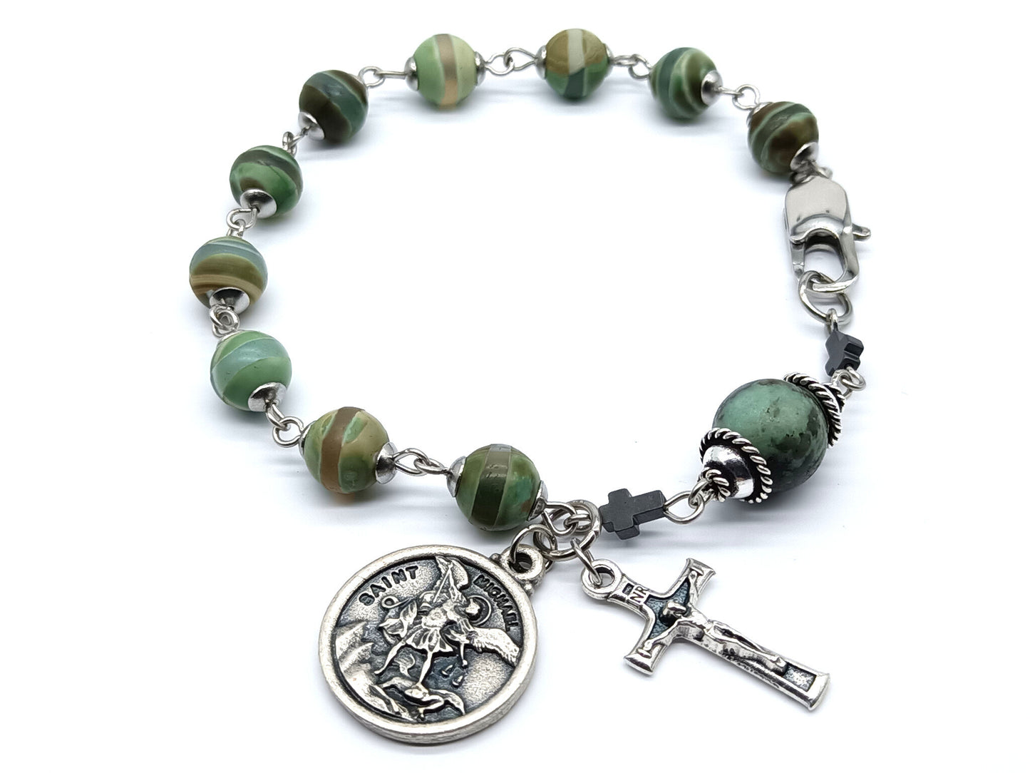 Saint Michael unique rosary beads single decade bracelet with green gemstone beads, silver crucifix, St. Michael medal and lobster clasp.