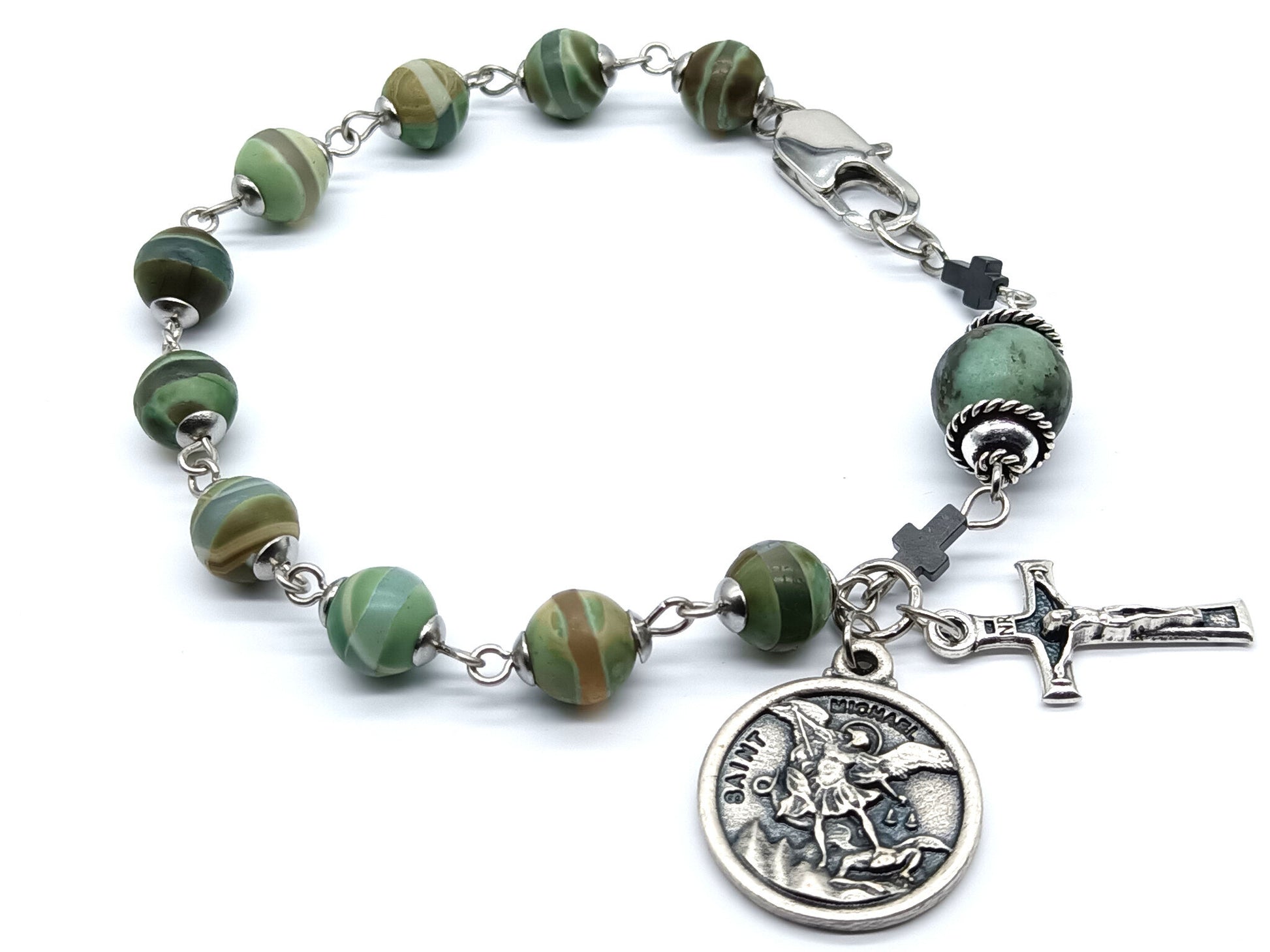 Saint Michael unique rosary beads single decade bracelet with green gemstone beads, silver crucifix, St. Michael medal and lobster clasp.