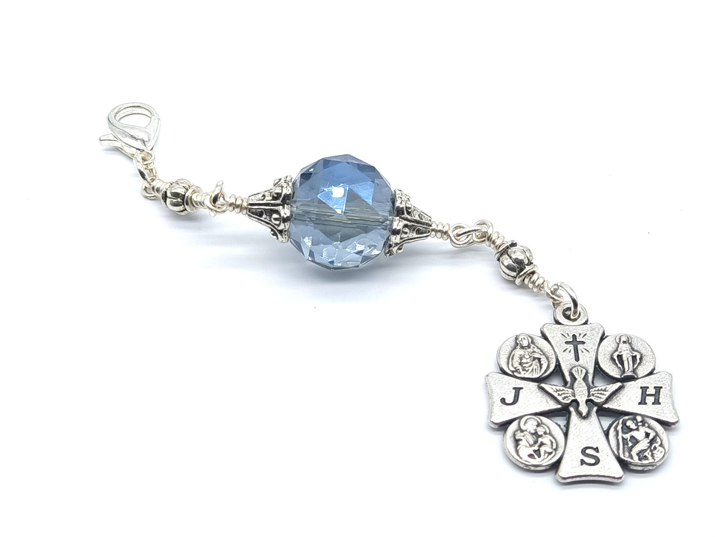 Four way cross unique rosary beads purse clip medal with blue crystal bead and silver bead caps and lobster clasp.