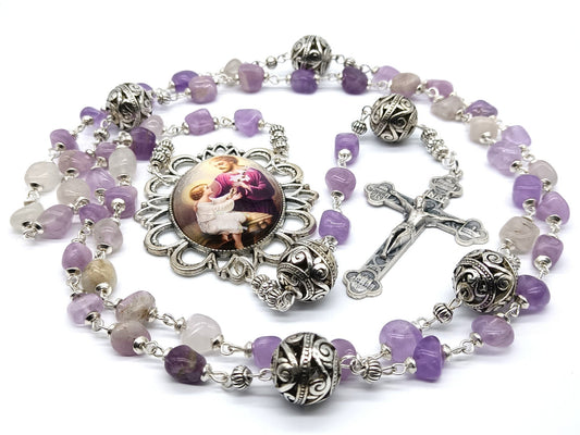 Saint Joseph unique rosary beads with lilac agate gemstone beads, silver crucifix, pater beads and picture centre medal.