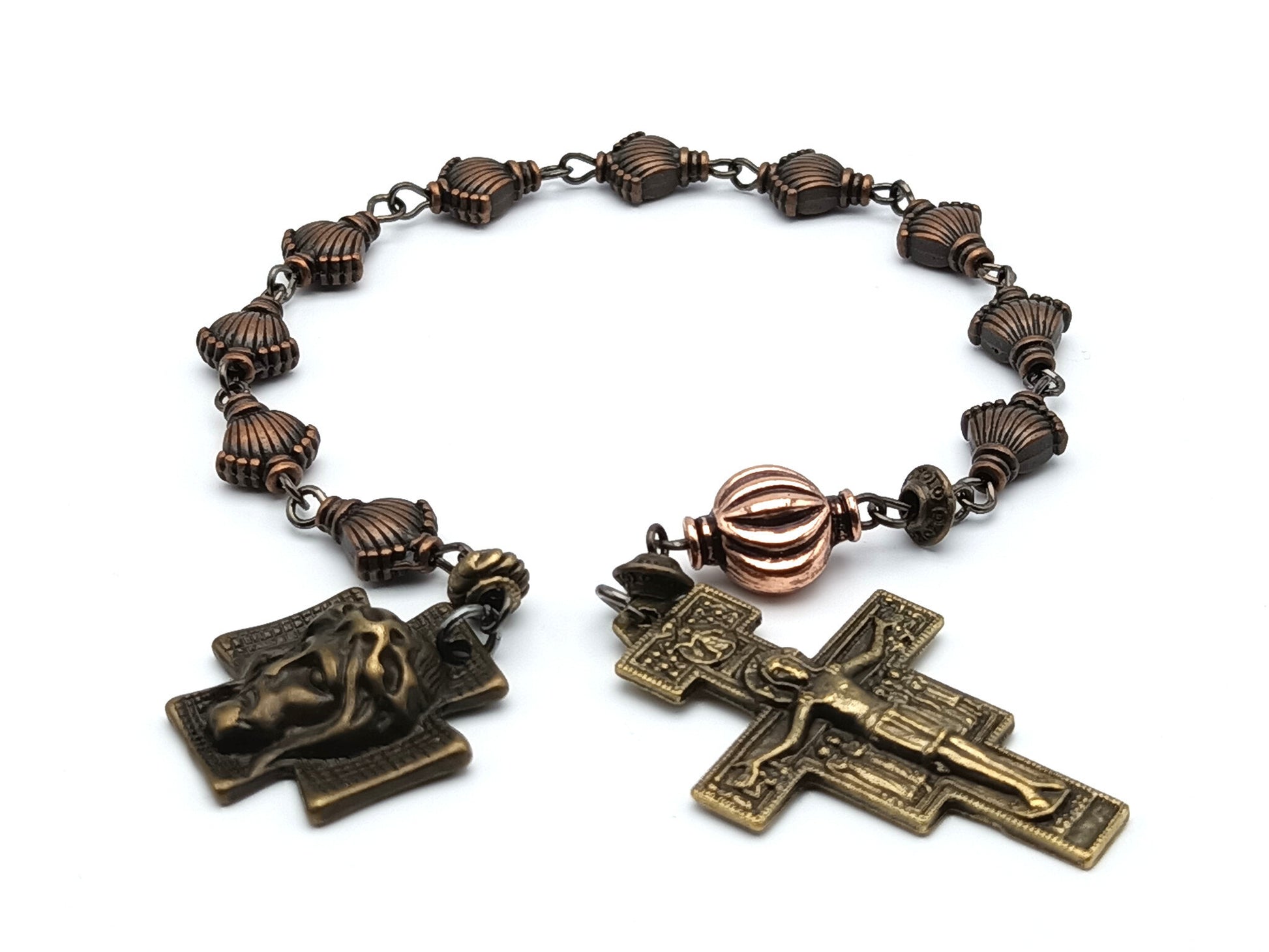 Holy Face of Jesus unique rosary beads single decade with copper metal beads, bronze Holy face medal and crucifix.