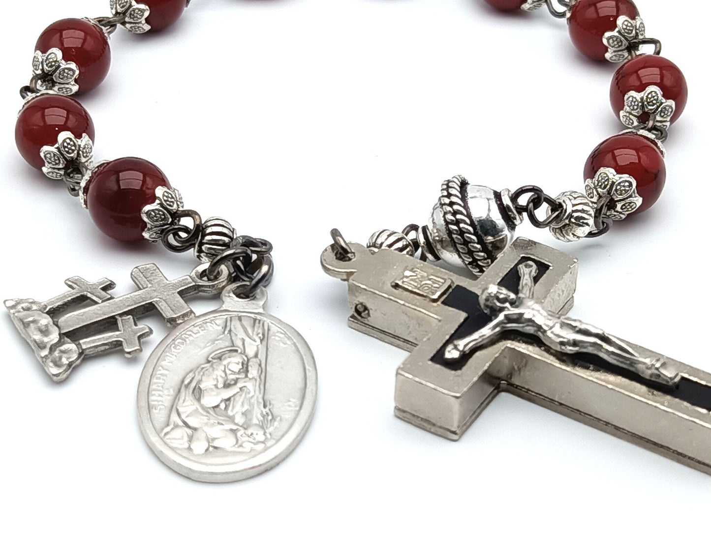 Saint Mary Magdalene unique rosary beads single decade with red glass beads, reliquary crucifix, silver pater bead and medals.