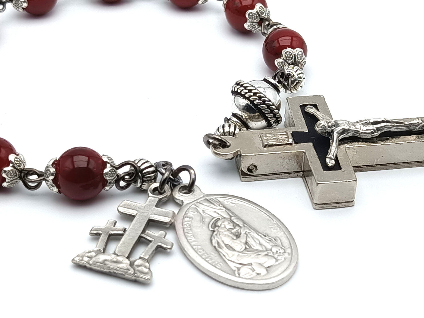Saint Mary Magdalene unique rosary beads single decade with red glass beads, reliquary crucifix, silver pater bead and medals.