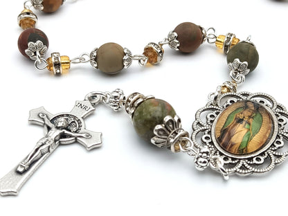 Our Lady of Guadalupe unique rosary beads single decade with natural gemstone and glass diamonte beads, silver Saint Benedict crucifix and picture centre medal.