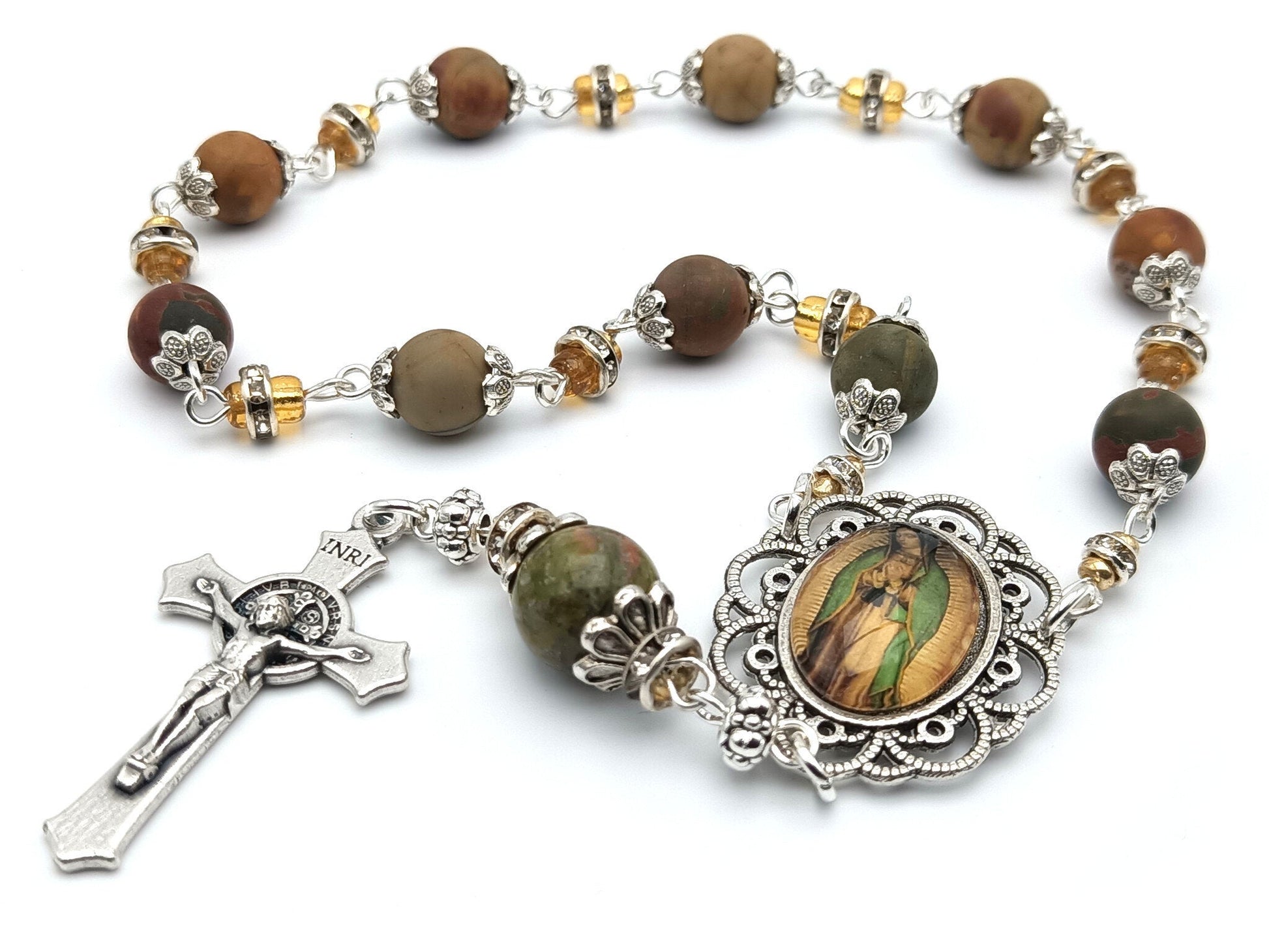 Our Lady of Guadalupe unique rosary beads single decade with natural gemstone and glass diamonte beads, silver Saint Benedict crucifix and picture centre medal.