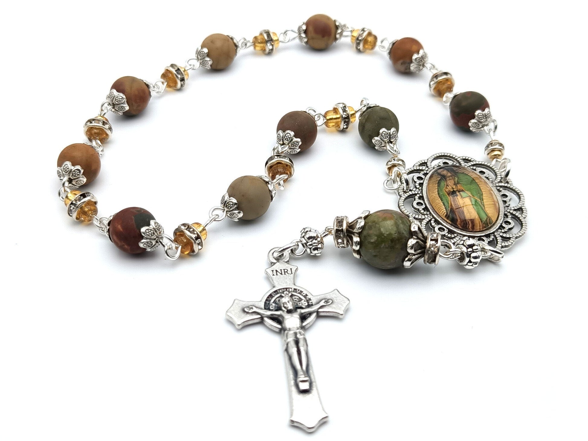 Our Lady of Guadalupe unique rosary beads single decade with natural gemstone and glass diamonte beads, silver Saint Benedict crucifix and picture centre medal.