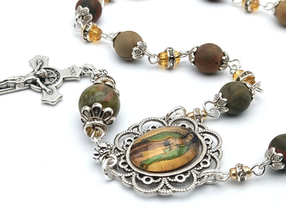 Our Lady of Guadalupe unique rosary beads single decade with natural gemstone and glass diamonte beads, silver Saint Benedict crucifix and picture centre medal.