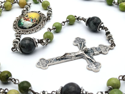 Last Supper unique rosary beads with green gemstone beads, silver four basilicas crucifix, picture centre medal and bead caps.