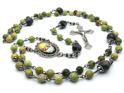 Last Supper unique rosary beads with green gemstone beads, silver four basilicas crucifix, picture centre medal and bead caps.