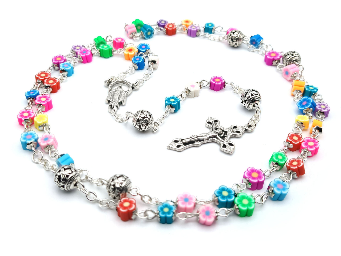 Childrens multicoloured unique rosary beads with poly clay flower beads, silver crucifix, Our Lady medal and pater beads.