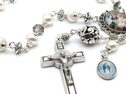 Saint Joseph and Child Jesus unique rosary beads single decade with genuine pearl beads, silver Saint Benedict crucifix, pater bead and picture centre medal.