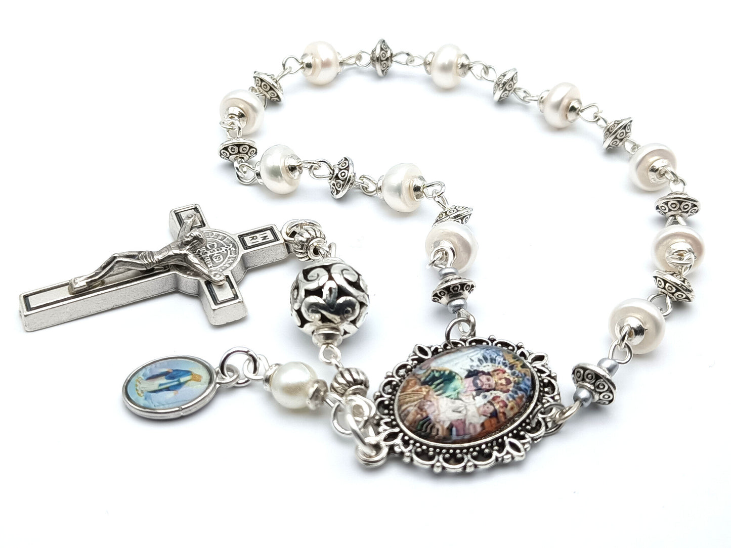 Saint Joseph and Child Jesus unique rosary beads single decade with genuine pearl beads, silver Saint Benedict crucifix, pater bead and picture centre medal.