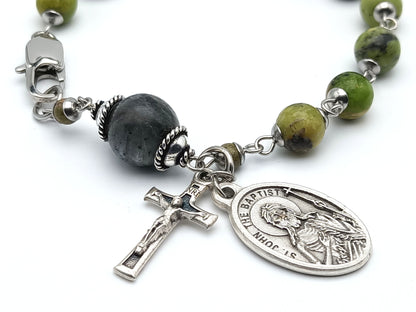 Saint John the Baptist unique rosary beads single decade with green gemstone beads, silver crucifix, St. John the Baptist medal and stainless steel clasp.
