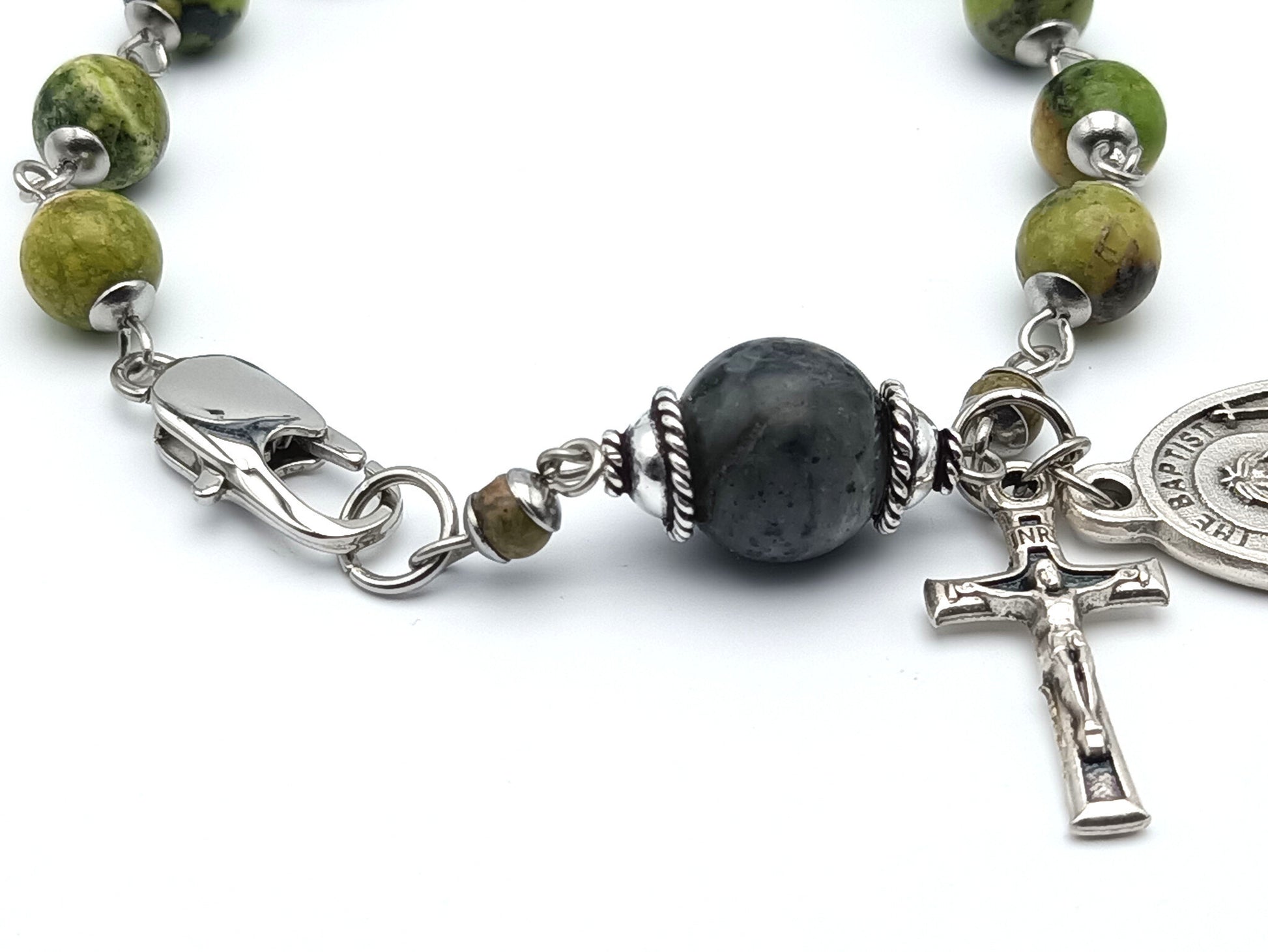 Saint John the Baptist unique rosary beads single decade with green gemstone beads, silver crucifix, St. John the Baptist medal and stainless steel clasp.