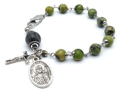 Saint John the Baptist unique rosary beads single decade with green gemstone beads, silver crucifix, St. John the Baptist medal and stainless steel clasp.
