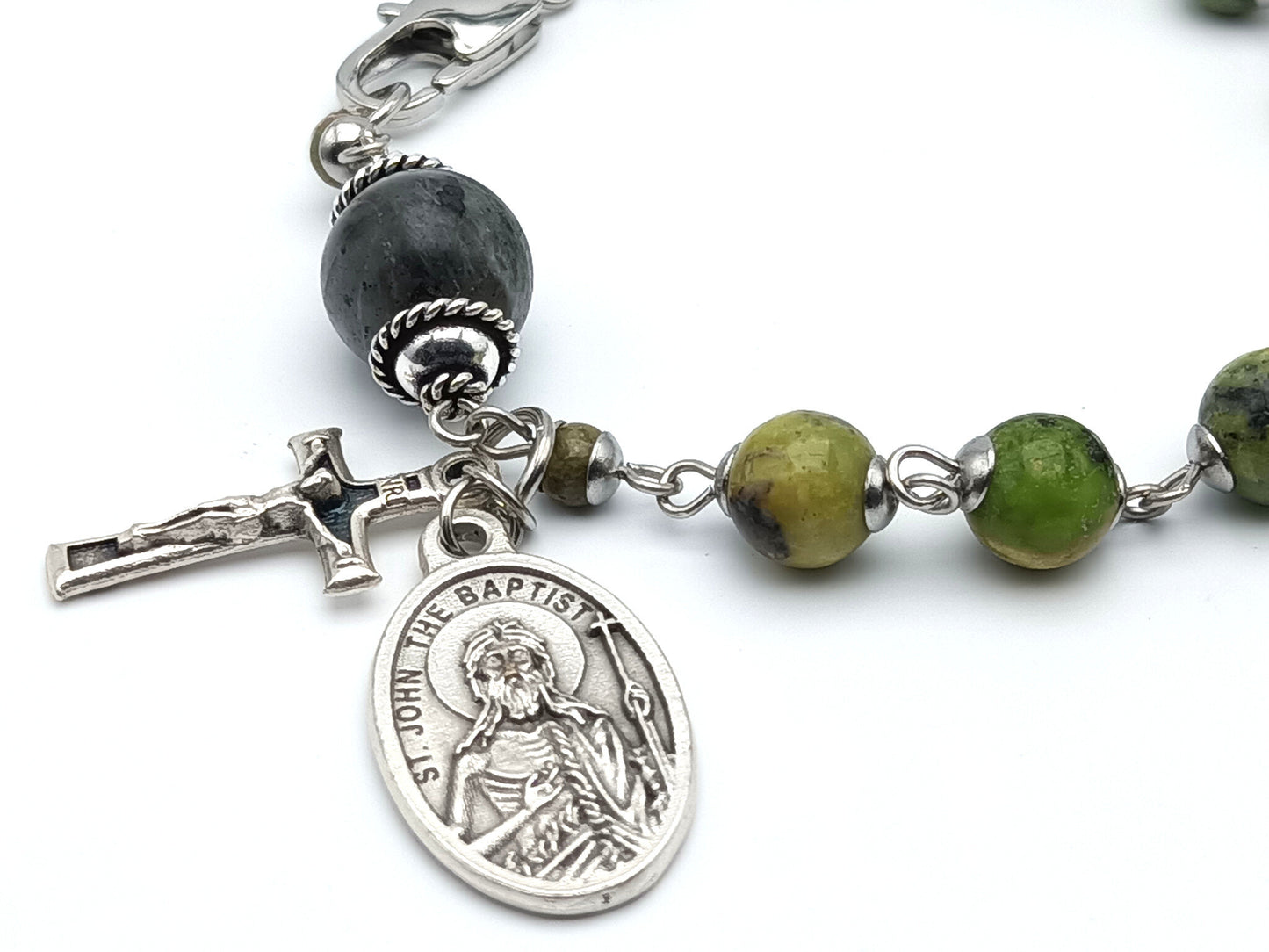 Saint John the Baptist unique rosary beads single decade with green gemstone beads, silver crucifix, St. John the Baptist medal and stainless steel clasp.