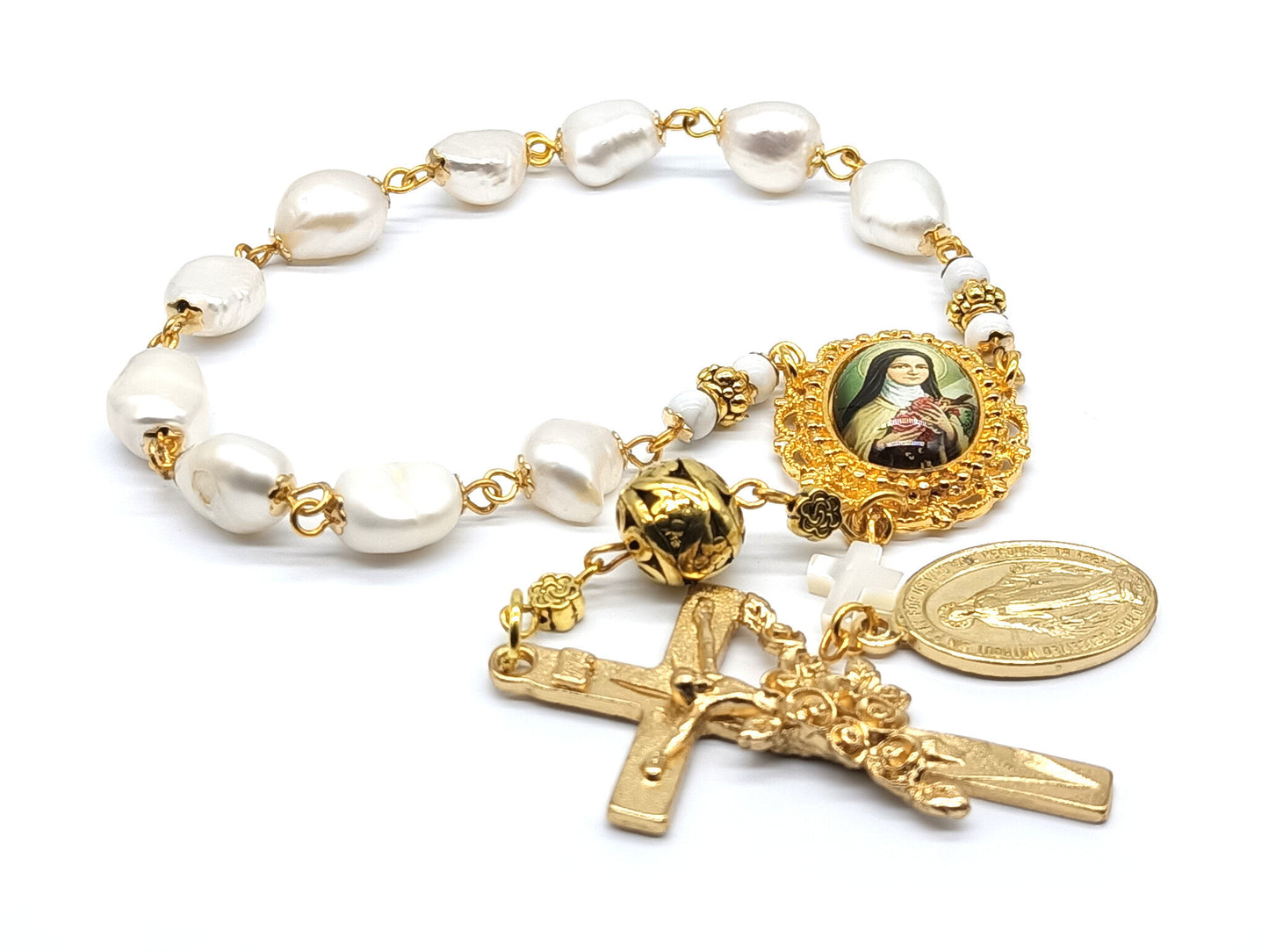 Genuine pearl unique rosary beads single decade with gold crucifix, miraculous medal and Saint Therese of Lisieux picture medal.