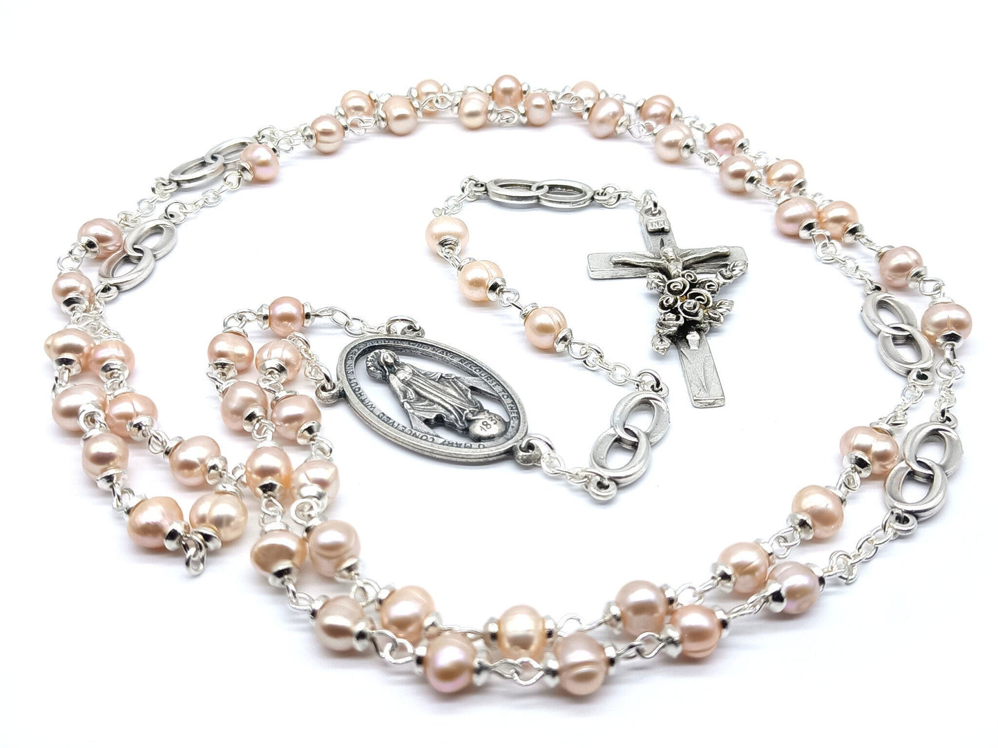 Mother of pearl unique rosary beads wedding rosary with miraculous medal, ring links pater beads and silver crucifix.