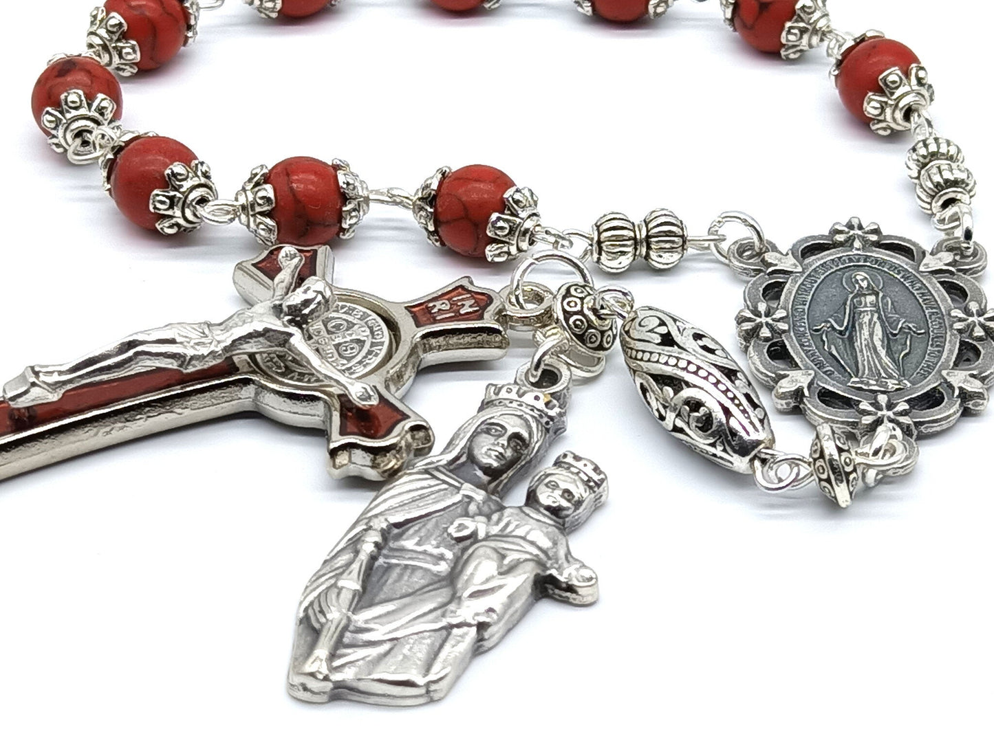 Miraculous medal unique rosary beads single decade with red gemstone beads, silver and red enamel crucifix, silver medals, bead caps and pater bead.