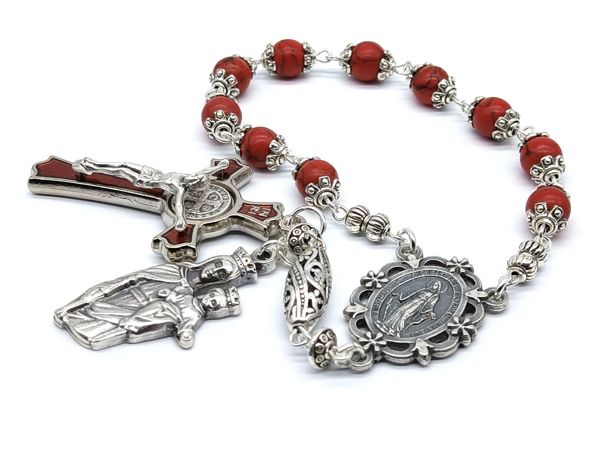 Miraculous medal unique rosary beads single decade with red gemstone beads, silver and red enamel crucifix, silver medals, bead caps and pater bead.