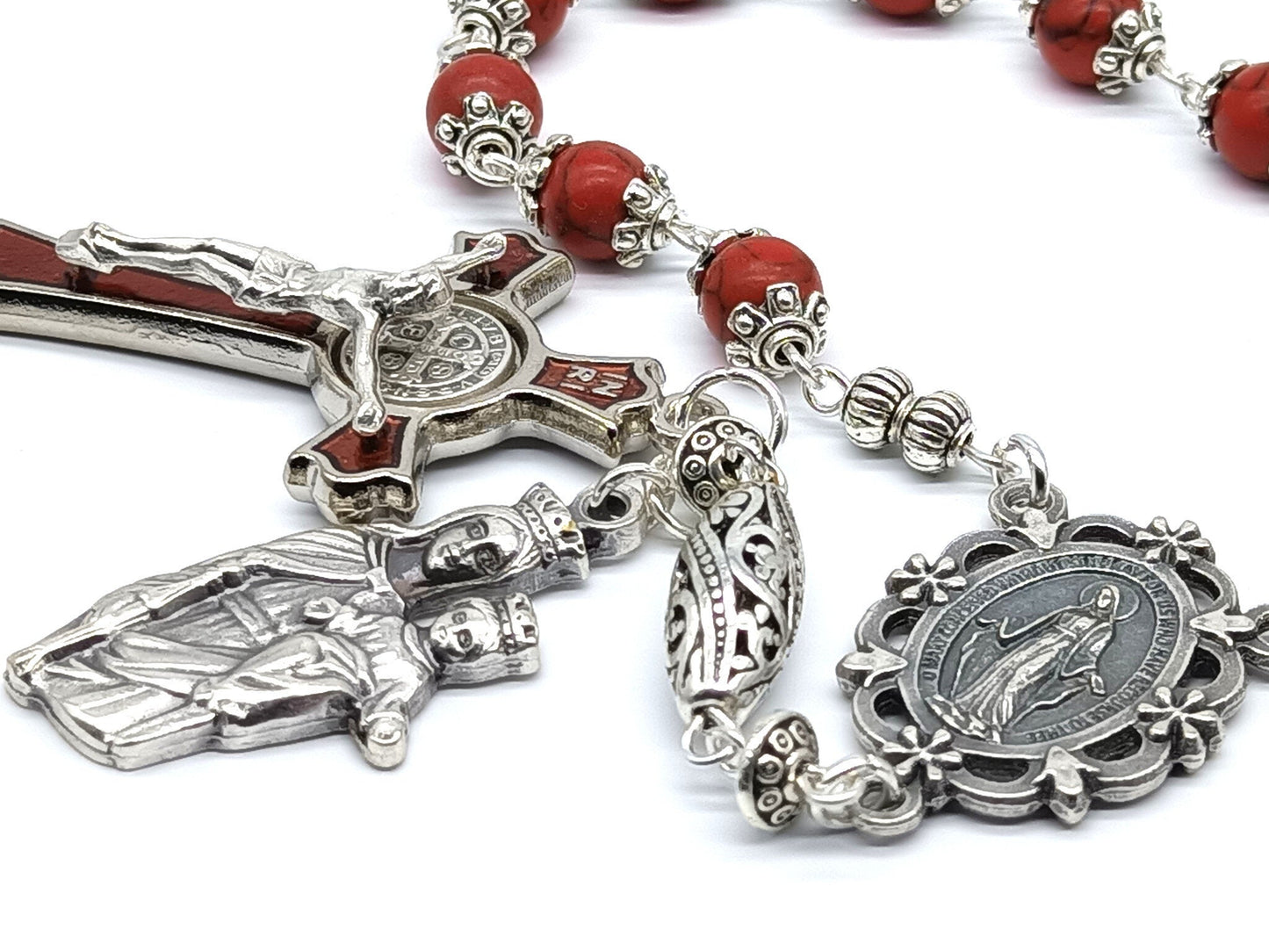 Miraculous medal unique rosary beads single decade with red gemstone beads, silver and red enamel crucifix, silver medals, bead caps and pater bead.