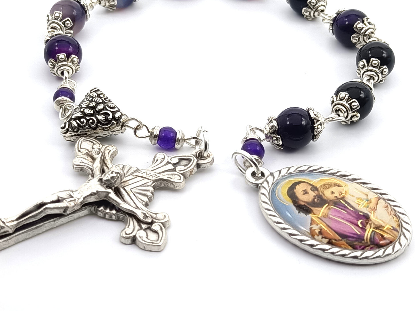 Saint Joseph unique rosary beads single decade with purple gemstone beads, silver crucifix, pater bead and St. Joseph picture centre medal.