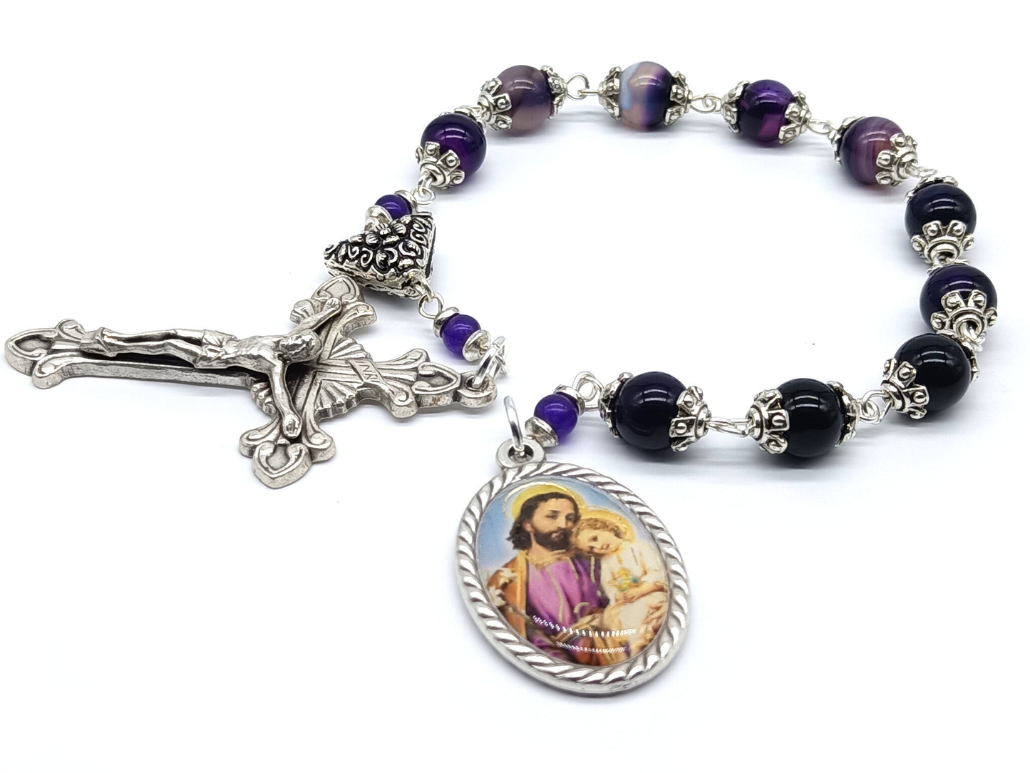 Saint Joseph unique rosary beads single decade with purple gemstone beads, silver crucifix, pater bead and St. Joseph picture centre medal.