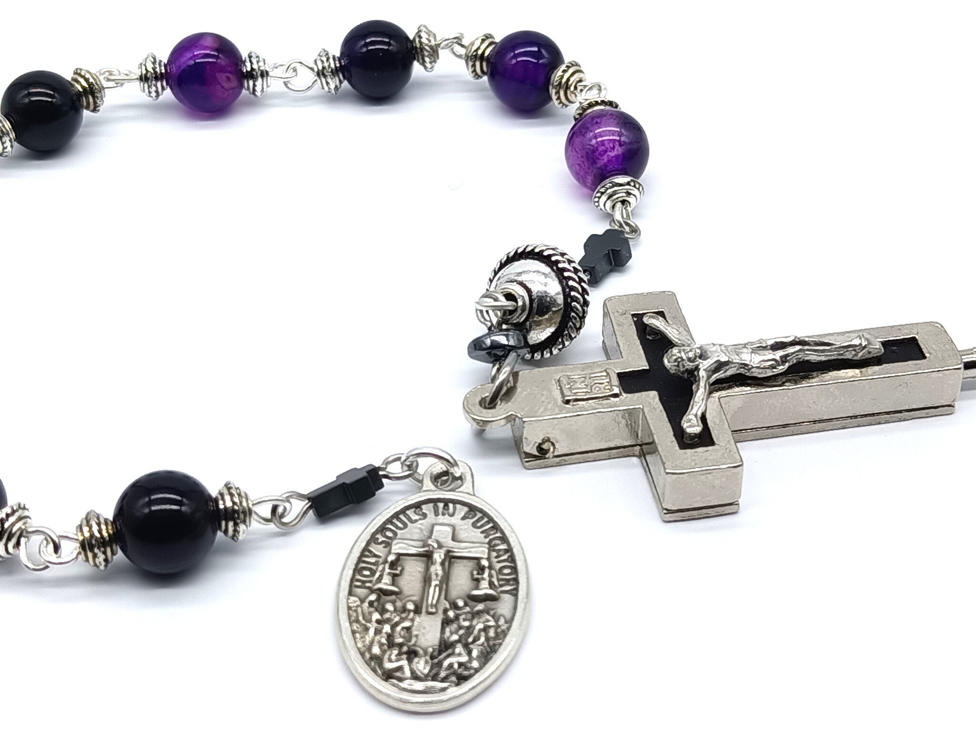 Holy Souls unique rosary beads single decade with purple agate gemstone beads, relic holder crucifix, silver pater bead and medal.