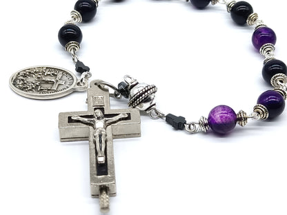 Holy Souls unique rosary beads single decade with purple agate gemstone beads, relic holder crucifix, silver pater bead and medal.