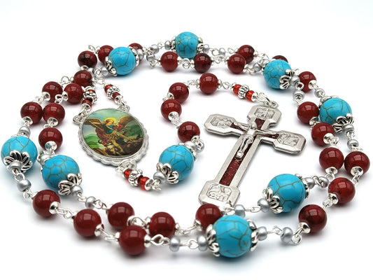 Saint Michael unique rosary beads prayer chaplet with red and turquoise gemstone beads, silver and red crucifix and silver picture centre medal.