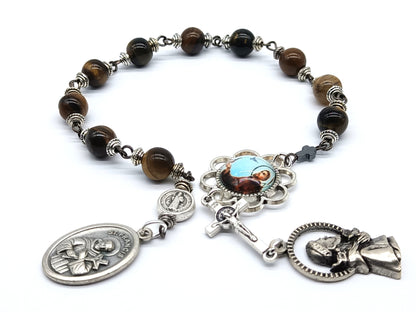 Saint Francis of Assisi unique rosary beads single decade with tigers eye gemstone beads, silver crucifix, medals and picture medal pater bead.