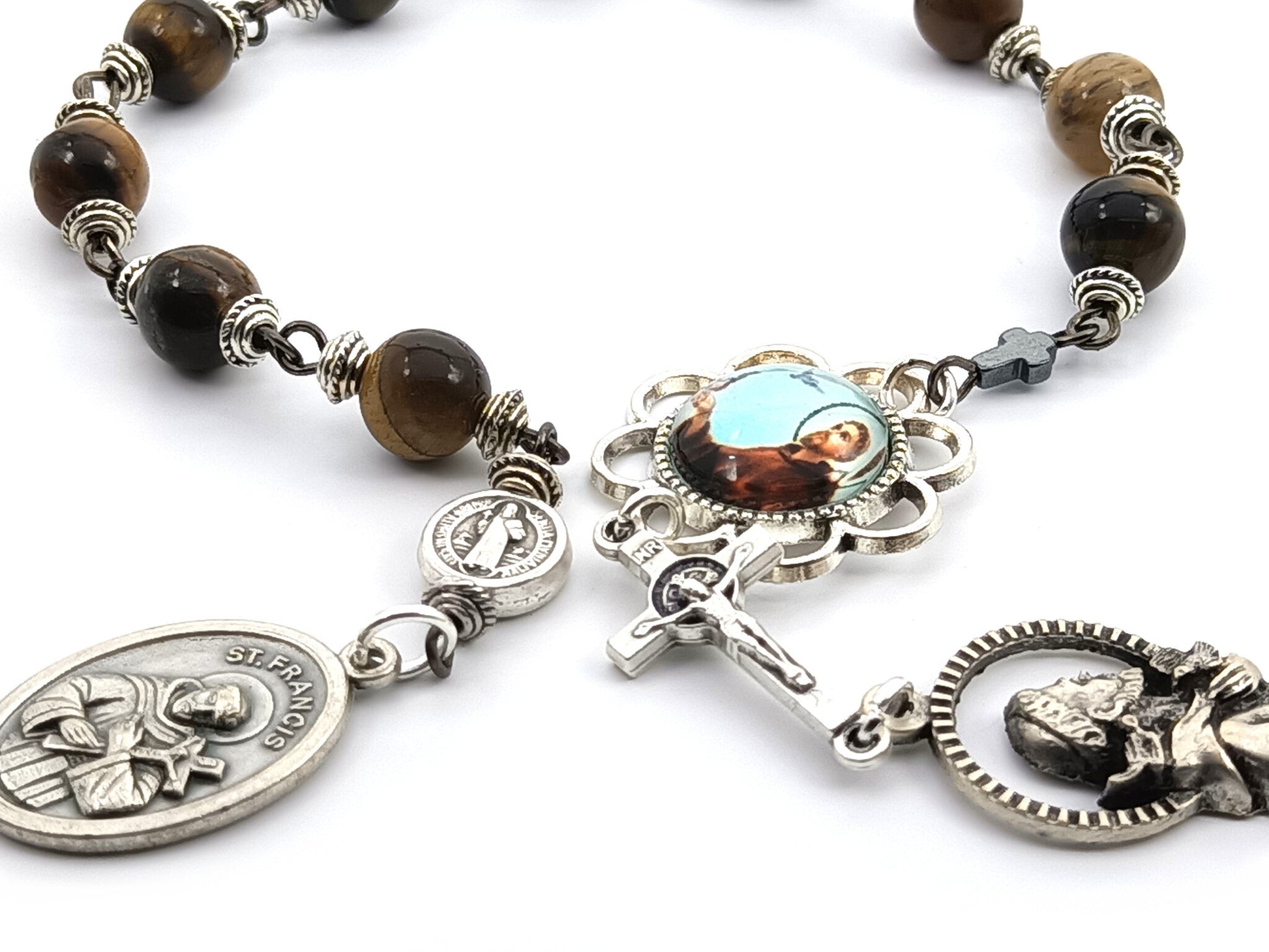 Saint Francis of Assisi unique rosary beads single decade with tigers eye gemstone beads, silver crucifix, medals and picture medal pater bead.