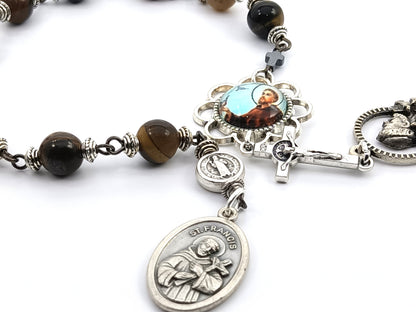 Saint Francis of Assisi unique rosary beads single decade with tigers eye gemstone beads, silver crucifix, medals and picture medal pater bead.