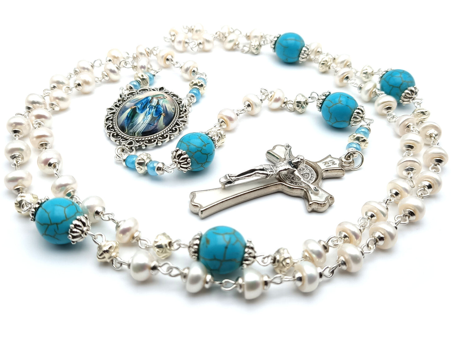 Our Lady of Grace unique rosary beads with genuine pearl beads, silver and white enamel Saint Benedict crucifix, blue gemstone pater beads and picture centre medal.