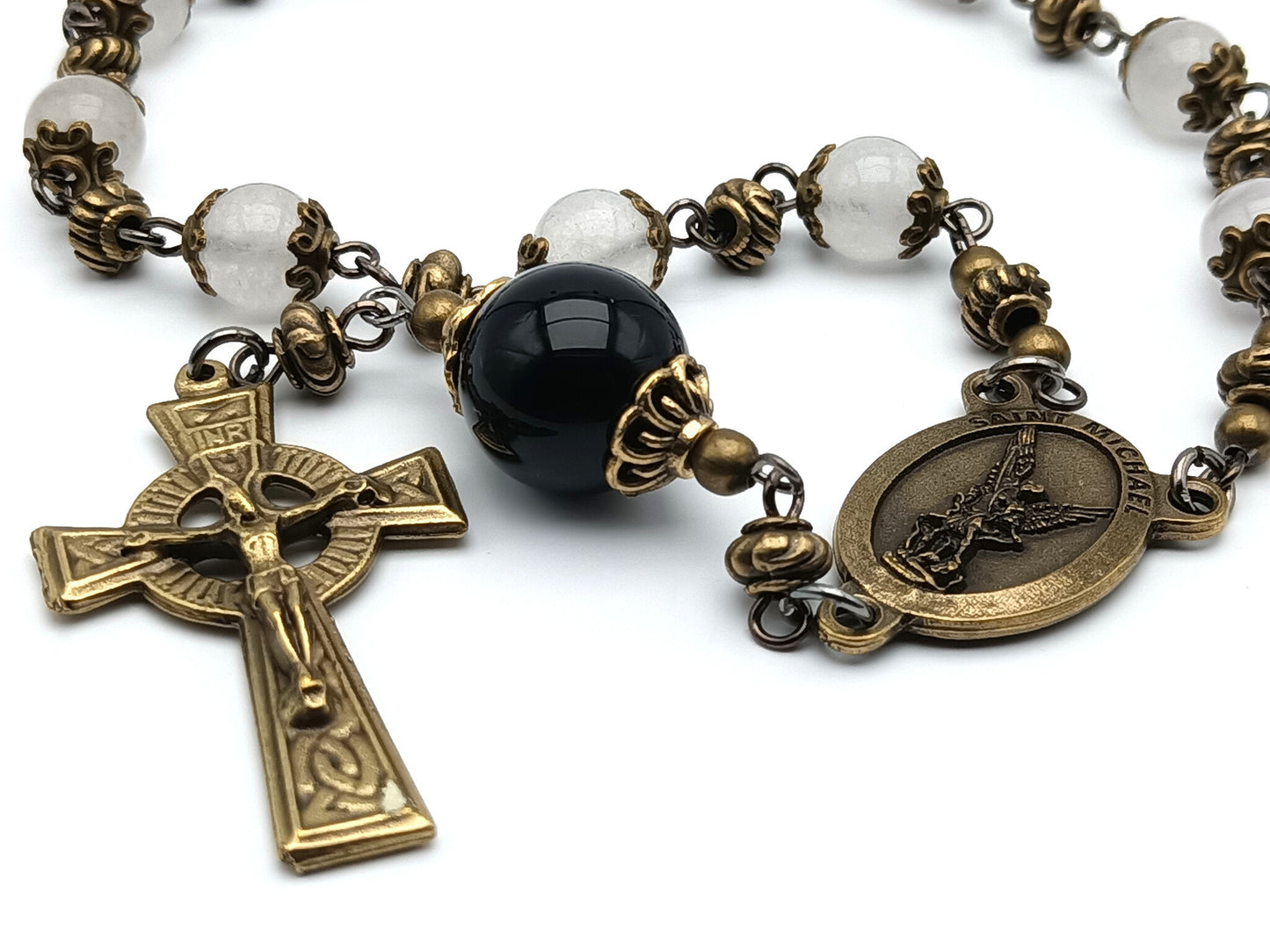 Saint Michael unique rosary beads single decade with opal gemstone beads, bronze crucifix, centre medal and onyx pater bead.