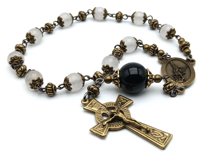 Saint Michael unique rosary beads single decade with opal gemstone beads, bronze crucifix, centre medal and onyx pater bead.