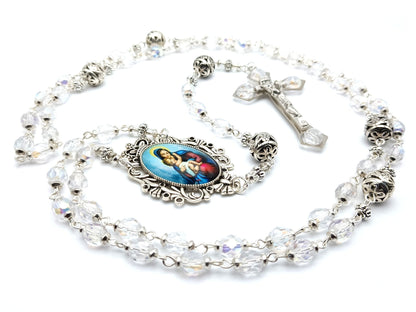 Virgin Mary and Child unique rosary beads with clear crystal and silver beads, silver and crystal crucifix and silver picture centre medal.