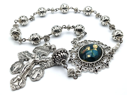 Holy Eucharist unique rosary beads single decade with silver beads, pardon crucifix and picture centre medal.