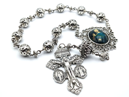 Holy Eucharist unique rosary beads single decade with silver beads, pardon crucifix and picture centre medal.
