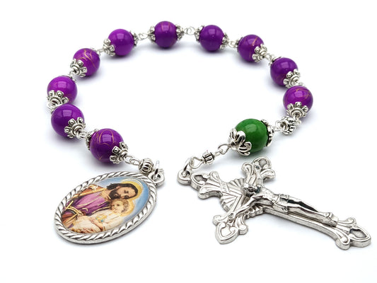 Saint Joseph unique rosary beads single decade with purple glass beads, silver crucifix and picture centre medal and green glass pater bead.