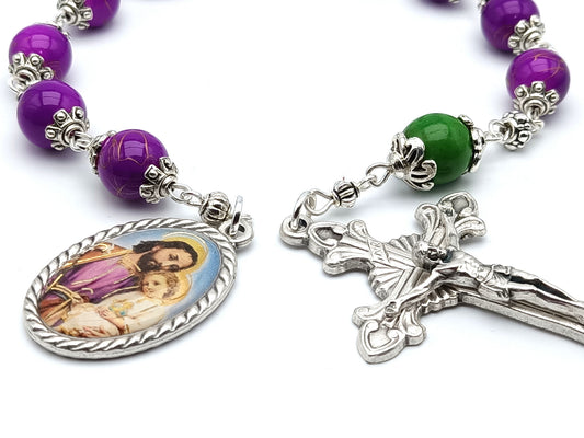 Saint Joseph unique rosary beads single decade with purple glass beads, silver crucifix and picture centre medal and green glass pater bead.