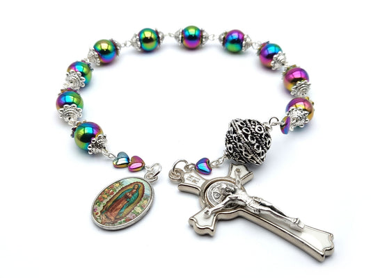 Our Lady of Guadalupe unique rosary beads single decade with petrol hematite gemstone beads, silver and white enamel Saint Benedict crucifix and picture medal.