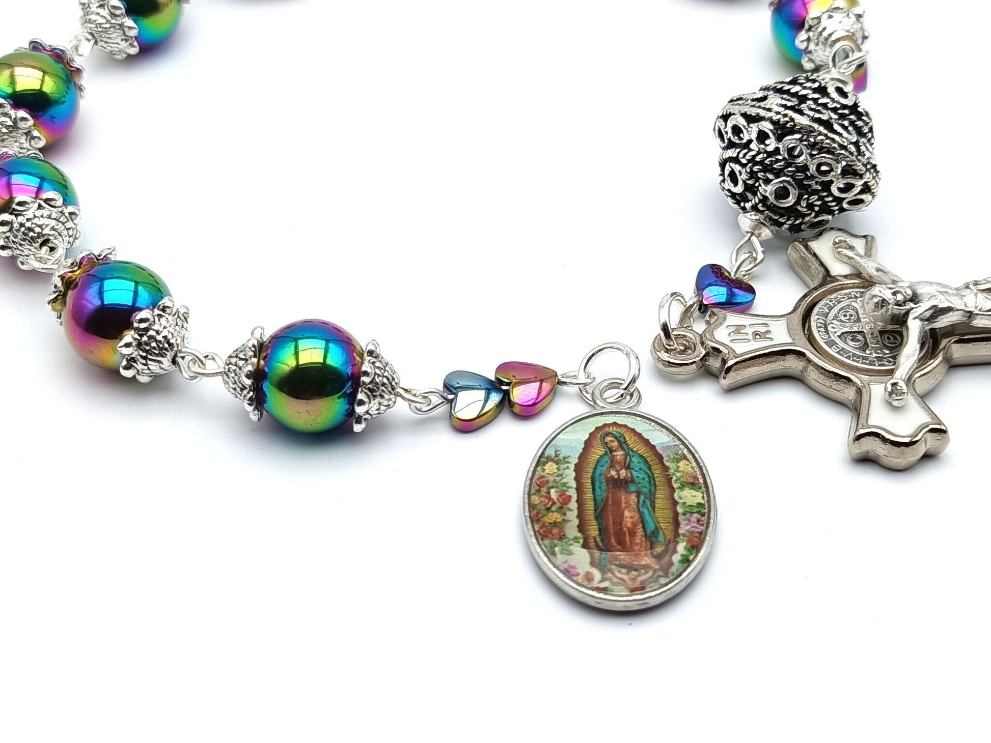 Our Lady of Guadalupe unique rosary beads single decade with petrol hematite gemstone beads, silver and white enamel Saint Benedict crucifix and picture medal.