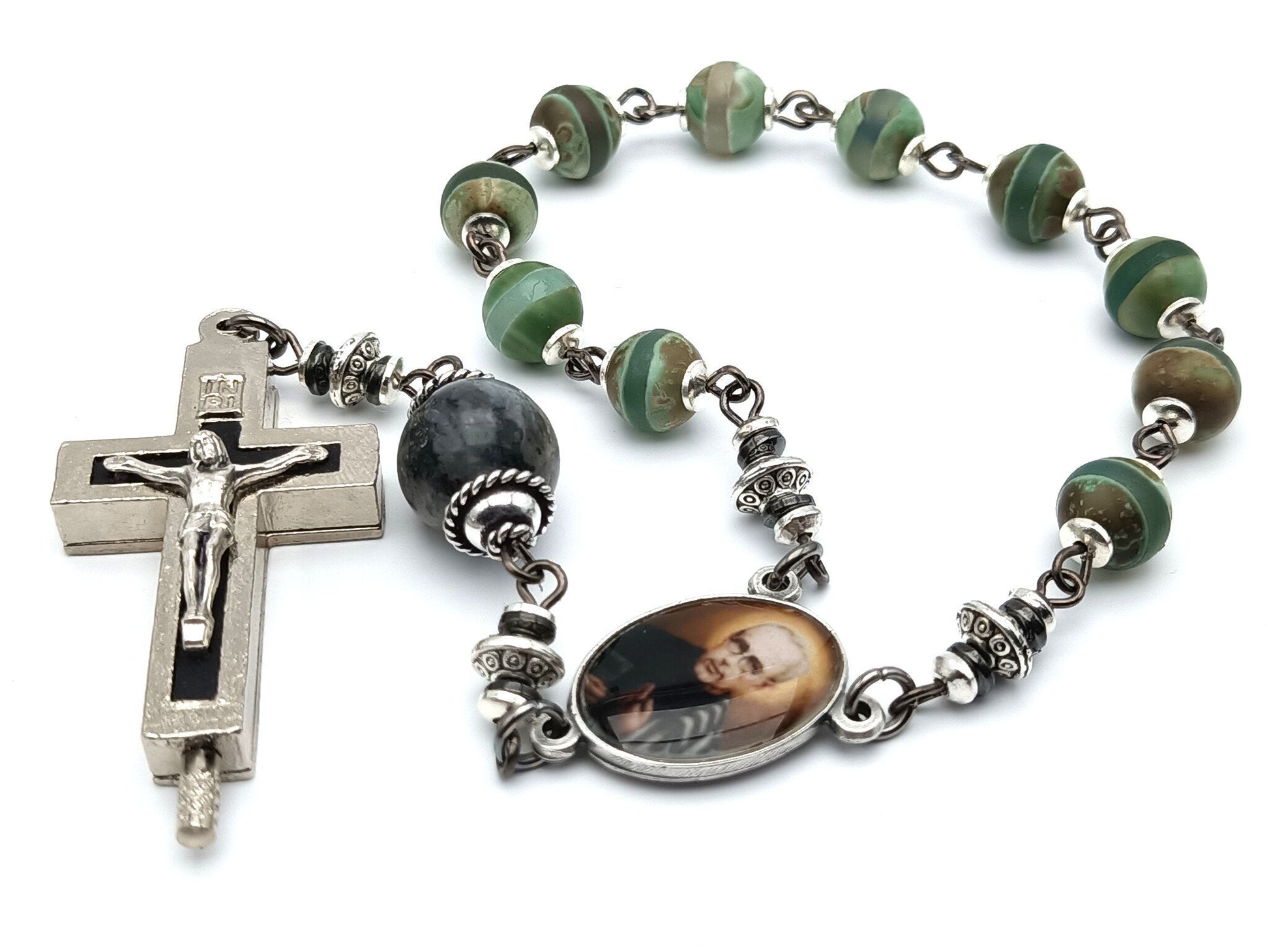 Saint Maximillian Kolbe unique rosary beads single decade with gemstone beads, silver and black relic holder crucifix and picture centre medal.