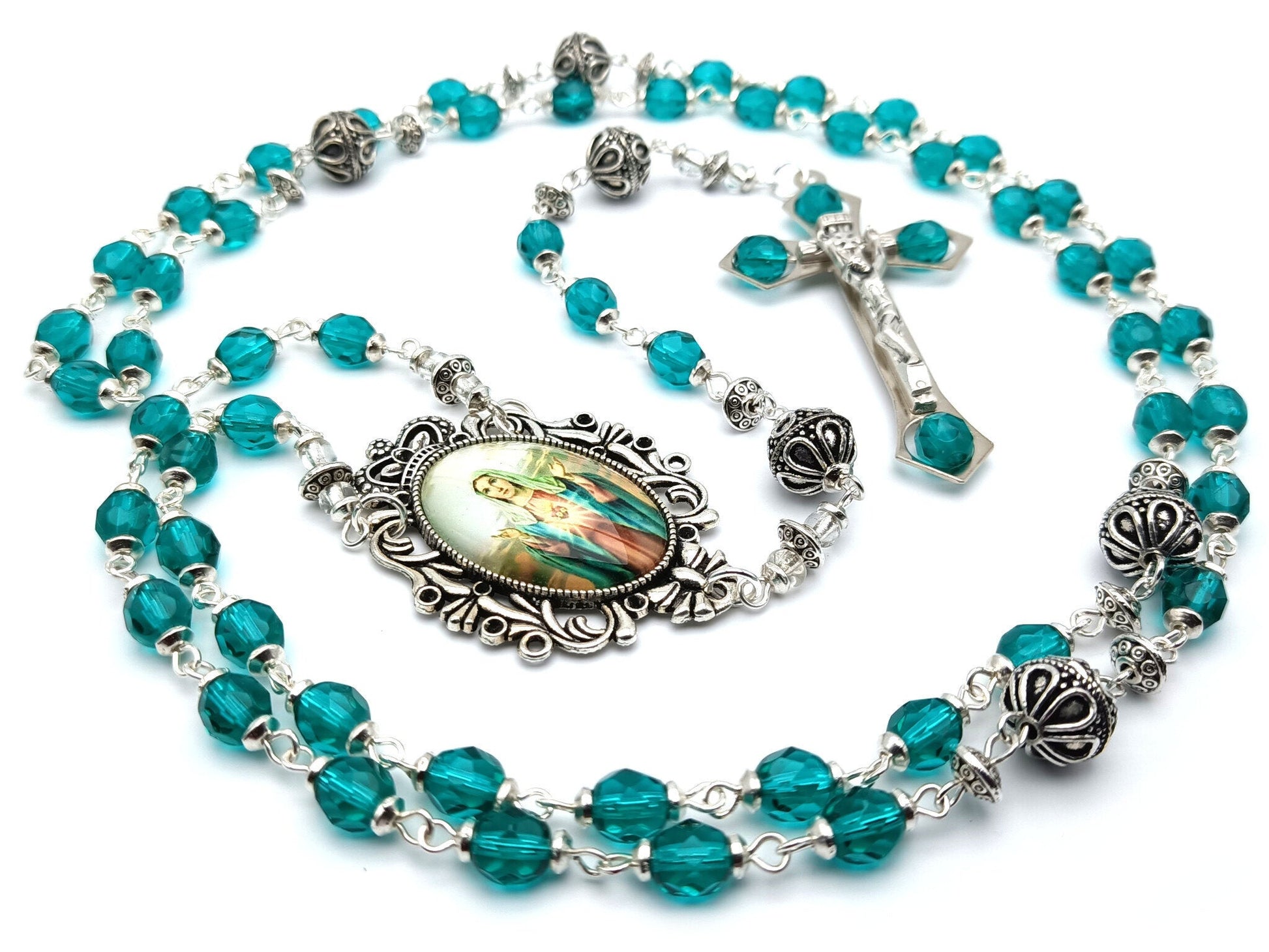 Immaculate Heart of Mary unique rosary beads with aqua crystal and silver beads, silver and crystal crucifix, and silver picture centre medal.