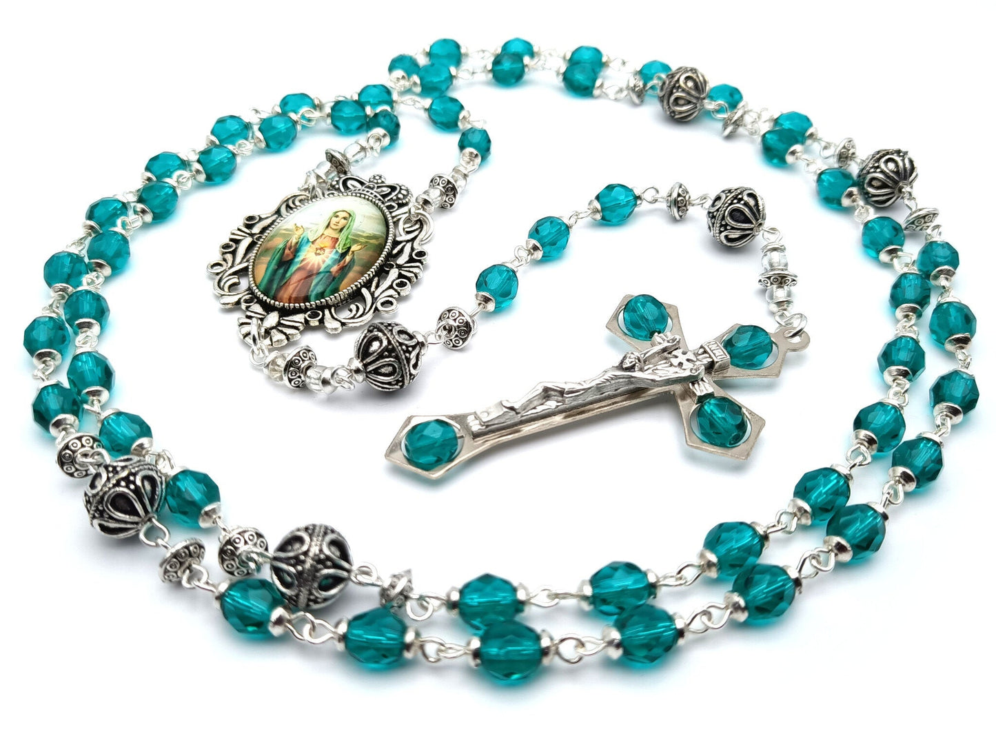 Immaculate Heart of Mary unique rosary beads with aqua crystal and silver beads, silver and crystal crucifix, and silver picture centre medal.