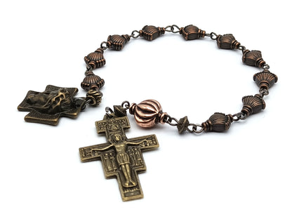 Holy Face of Jesus unique rosary beads single decade with copper metal beads, bronze Holy face medal and crucifix.