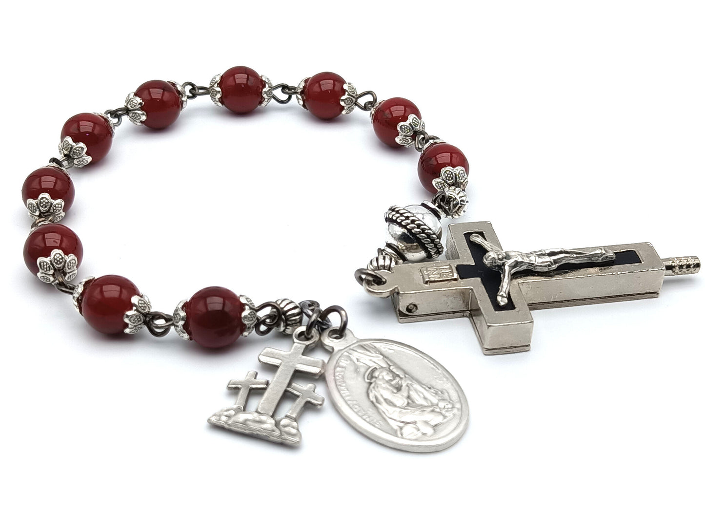 Saint Mary Magdalene unique rosary beads single decade with red glass beads, reliquary crucifix, silver pater bead and medals.